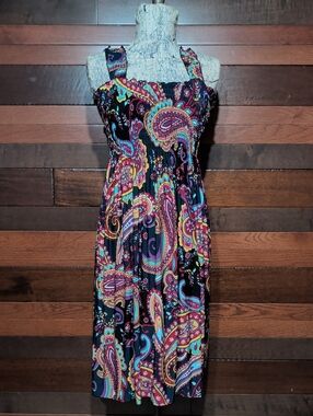 Lildy Black Paisley Print Smocked Sleeveless Summer Dress